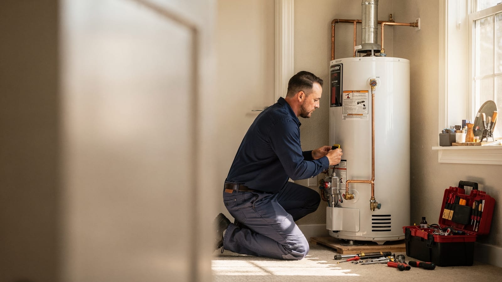 A Colorado Best Plumbing technician servicing a home water heater in warm natural light